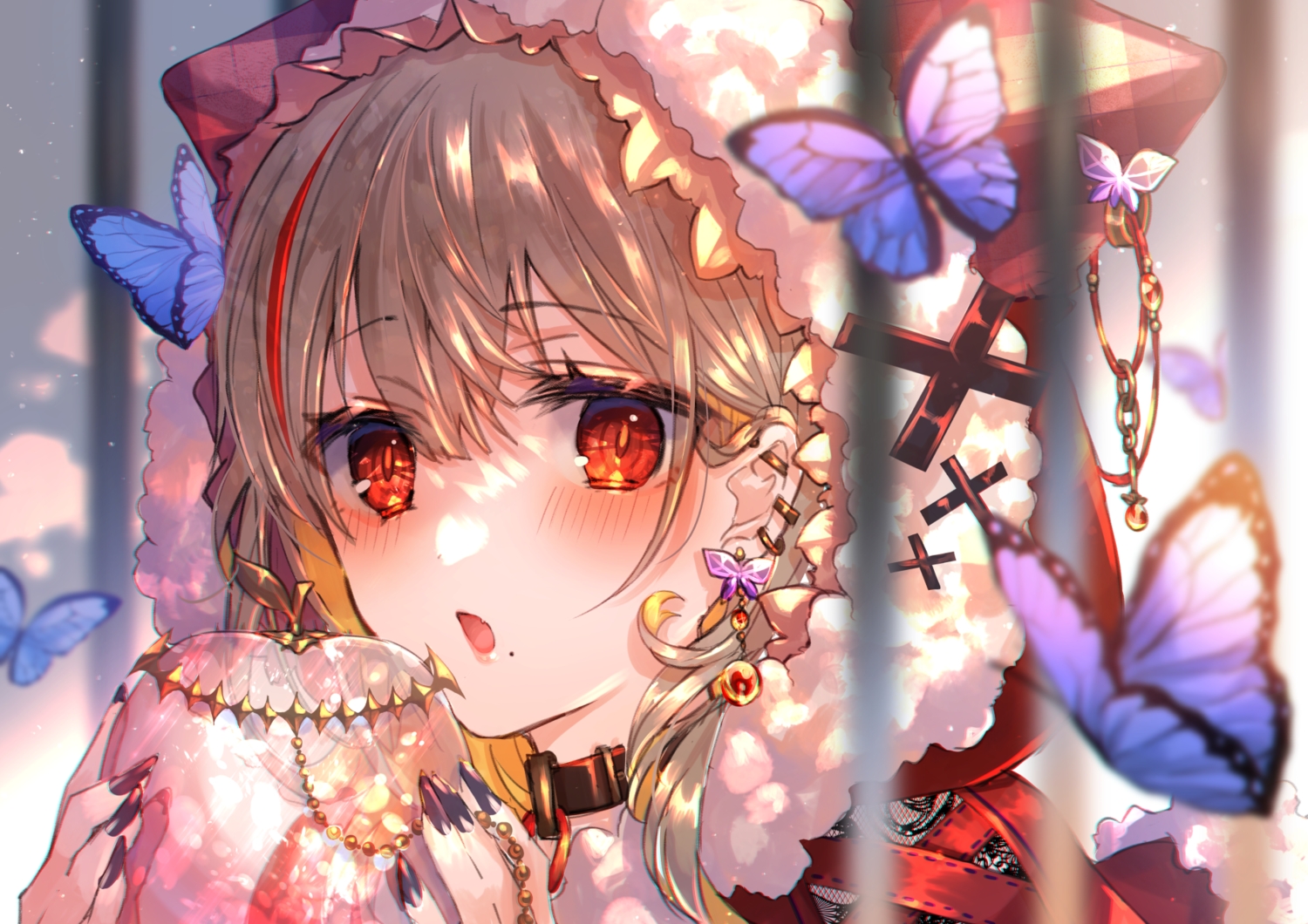 blush, brown_hair, butterfly, close, collar, hood, necklace, original