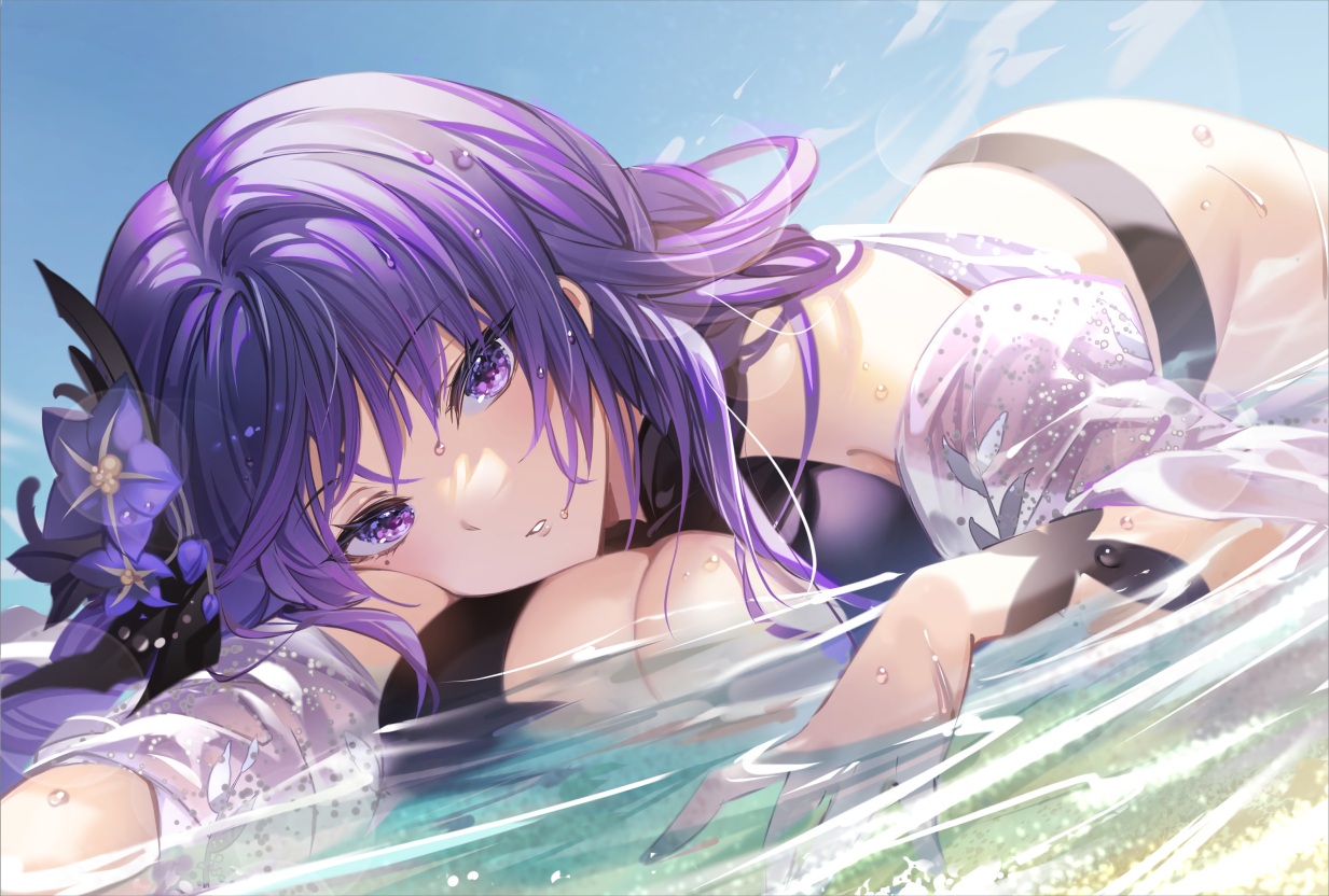 bikini, breasts, cleavage, close, flowers, genshin_impact, long_hair, noir_eku, open_shirt, purple_eyes, purple_hair, raiden_shogun, swimsuit, water