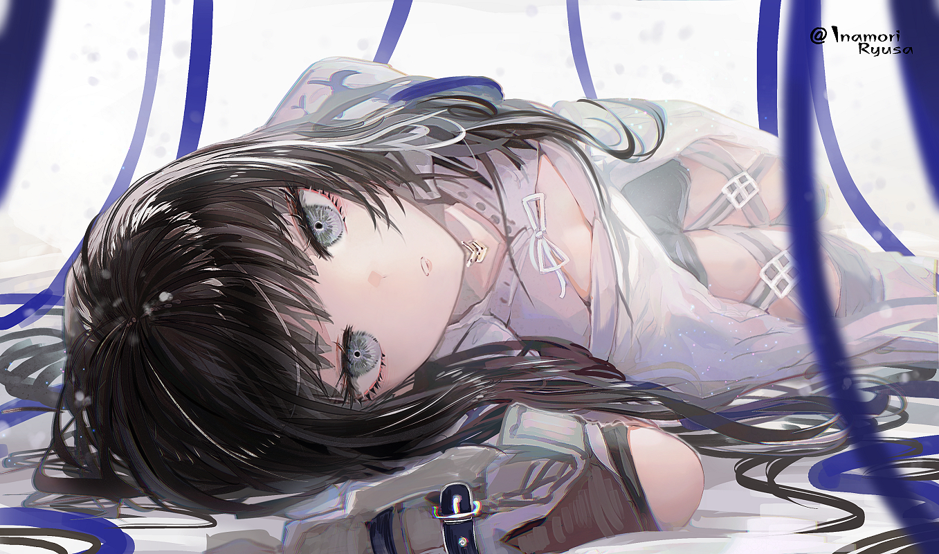 bed, black_hair, gray_eyes, inaeda_kei, long_hair, watermark