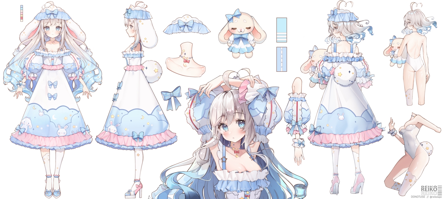 animal_ears, aqua_eyes, ass, blush, bow, breasts, bunny, bunny_ears