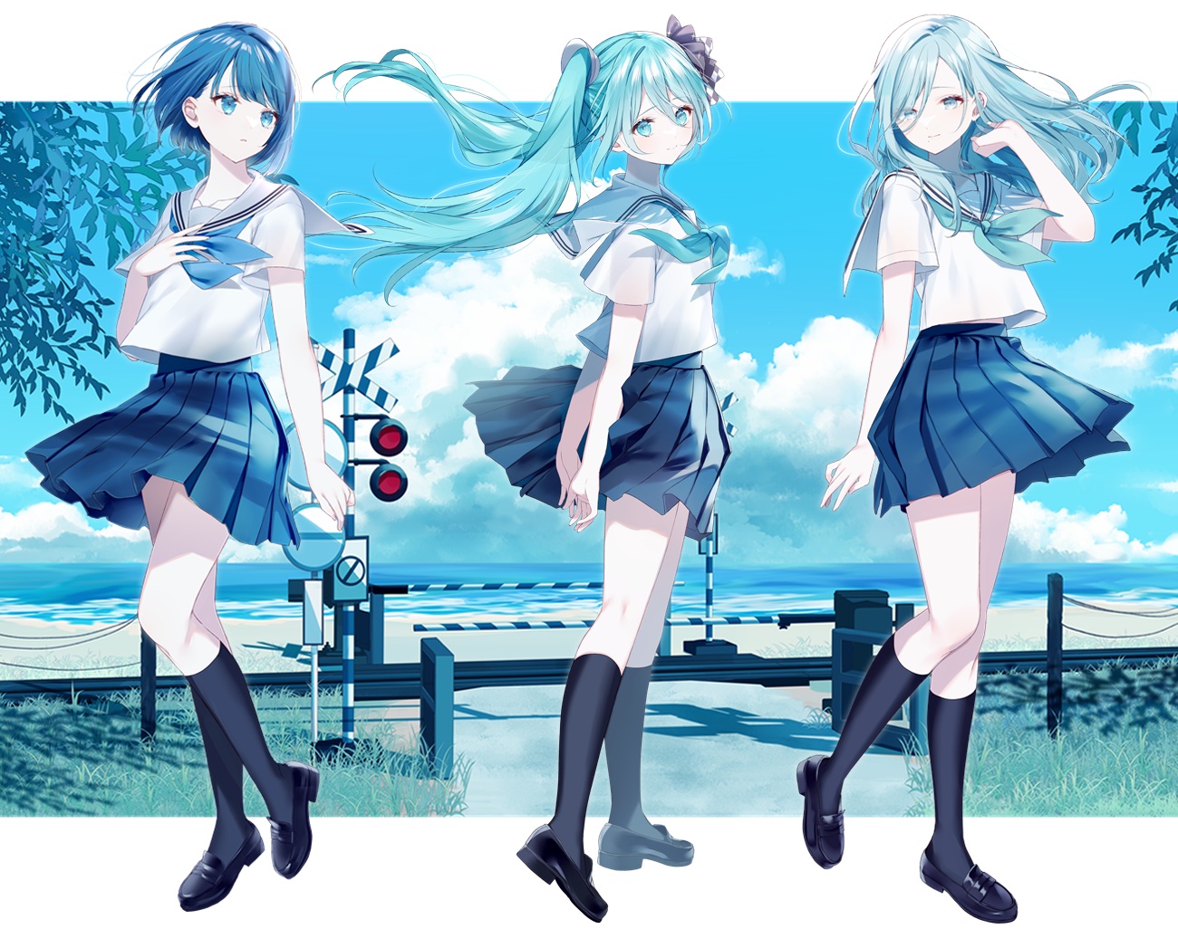 aqua_eyes, aqua_hair, beach, blue_eyes, blue_hair, clouds, cropped, grass
