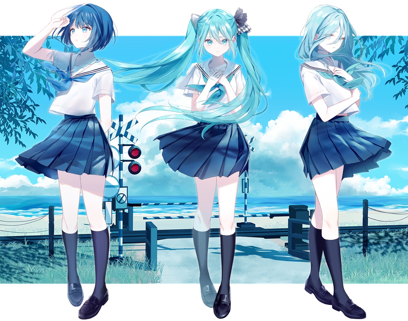 aqua_eyes, aqua_hair, beach, blue_eyes, blue_hair, clouds, cropped, grass, hatsune_miku, hinomori_shizuku, kiritani_haruka, kneehighs, long_hair, misumi_(macaroni), project_sekai, school_uniform, short_hair, skirt, skirt_lift, sky, train, twintails, vocaloid, water