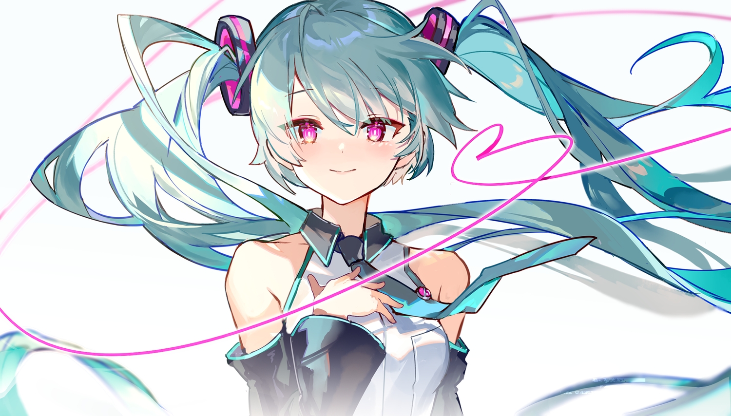 aqua_hair, close, hatsune_miku, karasu_btk, long_hair, pink_eyes, sketch, tie, twintails, vocaloid, white