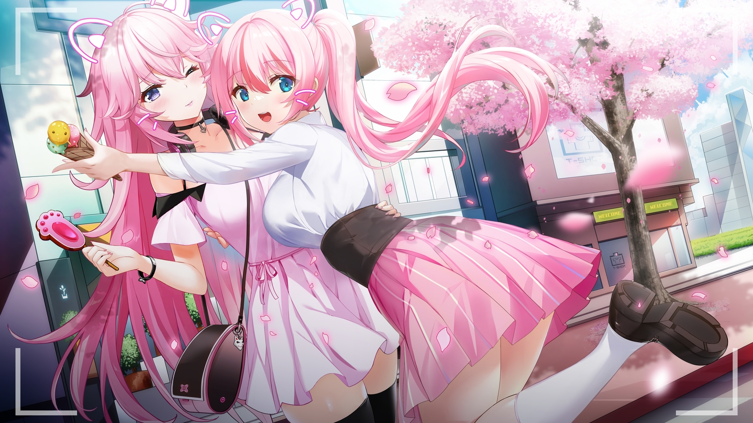 2girls, animal_ears, camera, dress, food, honkai_impact, honkai_(series), hug, ice_cream, rods, yae_rin, yae_sakura_(benghuai_xueyuan)