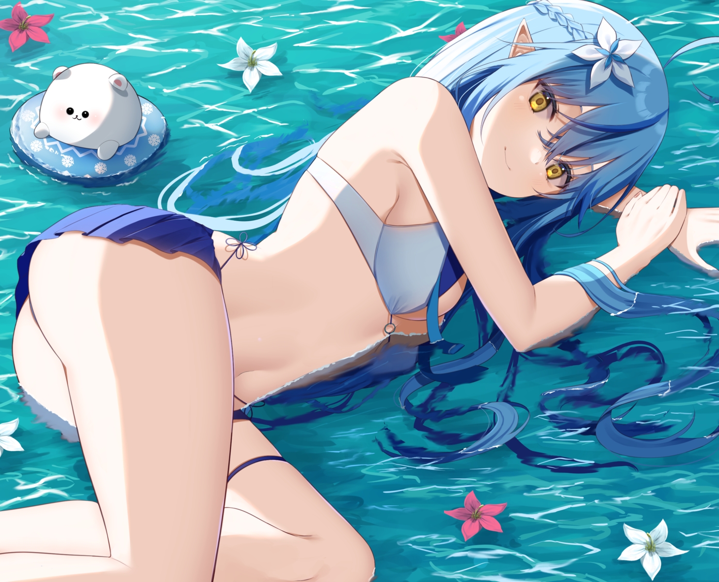 ass, bikini, blue_hair, braids, breasts, cleavage, cropped, hololive, long_hair, pointed_ears, skirt, swimsuit, water, yellow_eyes, yukihana_lamy, yuteke_key