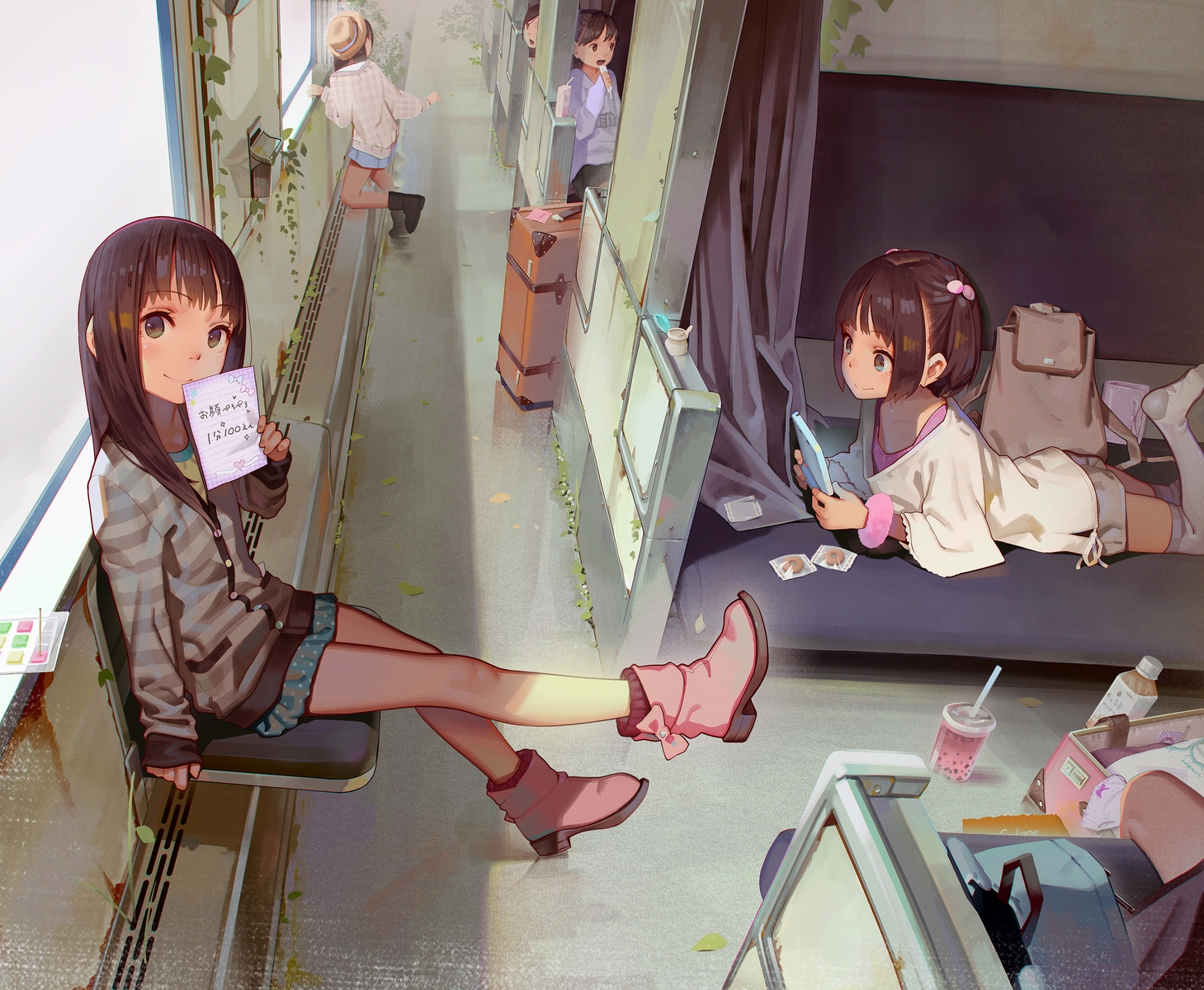 boots, brown_eyes, brown_hair, drink, food, game_console, hat, kagamine-ikka