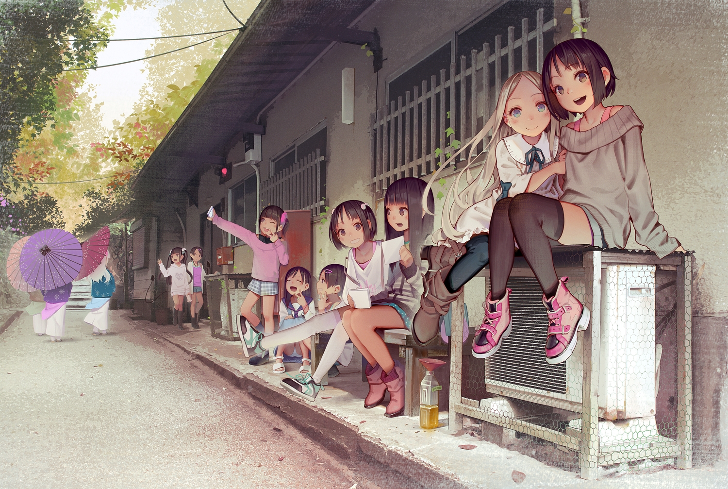 blonde_hair, blue_eyes, boots, brown_eyes, brown_hair, building, demon, group