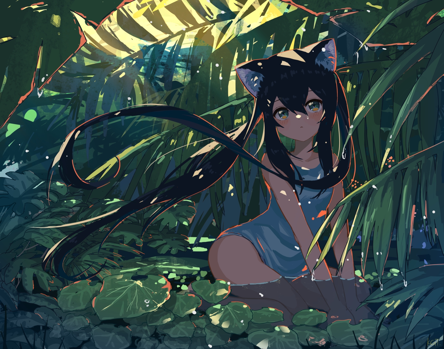 animal_ears, black_hair, blush, forest, foxgirl, green, green_eyes, kgt_(pixiv12957613), leaves, long_hair, original, shade, tree, water