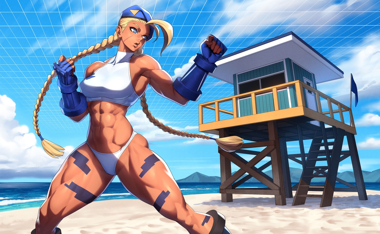 armor, beach, bikini, blonde_hair, blue_eyes, boots, braids, building