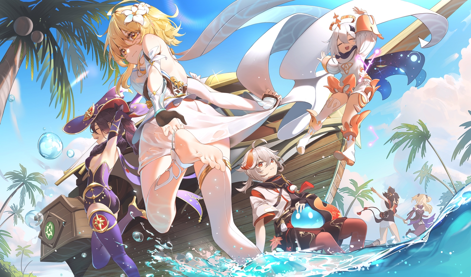beach, boat, clouds, dress, fischl_(genshin_impact), genshin_impact, group, kaedehara_kazuha