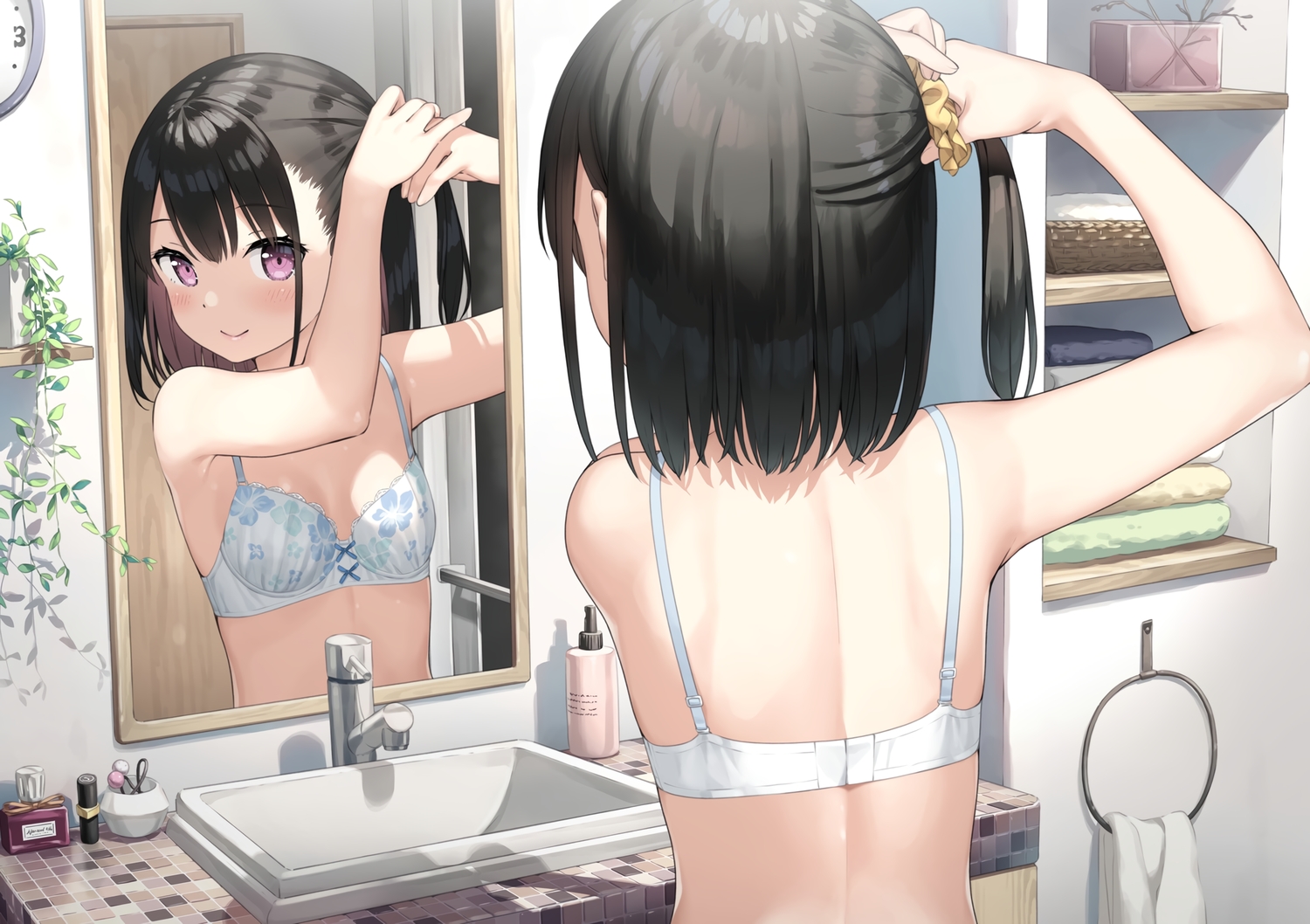 black_hair, blush, bra, kantoku, mirror, original, pink_eyes, ponytail