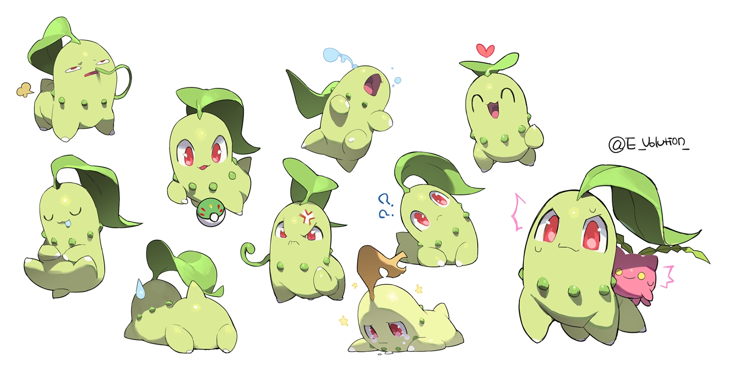 ball, cat_smile, chikorita, crying, e_volution, heart, hoppip, leaves, no_humans, pokemon, red_eyes, signed, tears, waifu2x, white