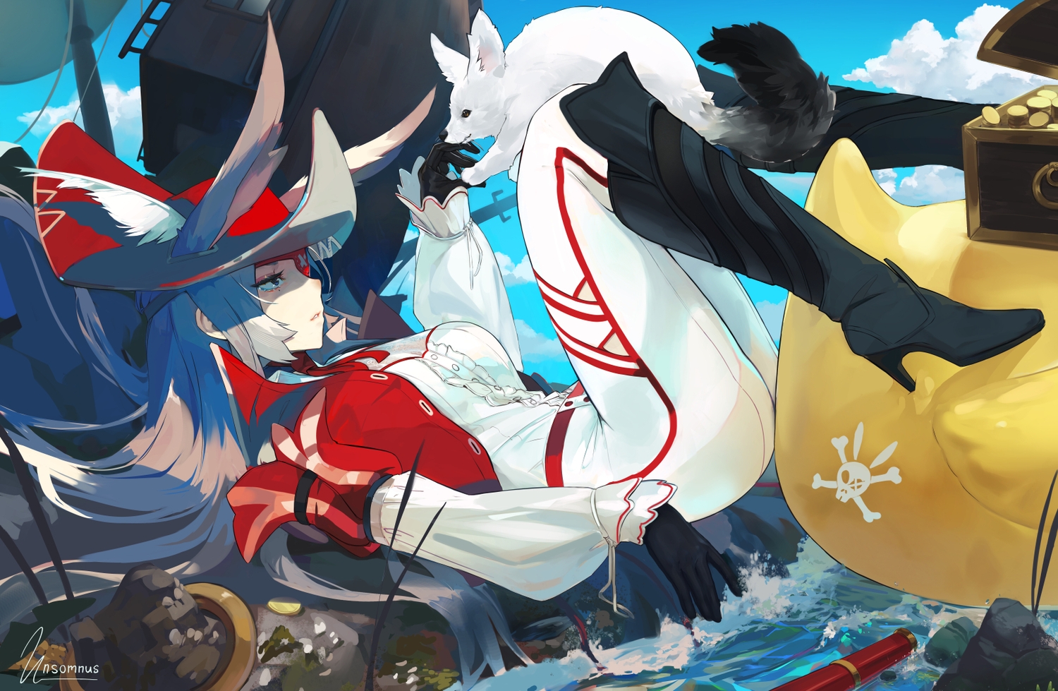 animal, animal_ears, boat, bunny_ears, bunnygirl, clouds, gloves, gray_hair