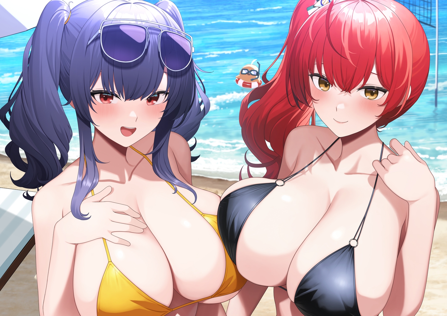 2girls, anthropomorphism, azur_lane, beach, bikini_top, blue_hair, blush, breast_hold, breasts, cleavage, close, long_hair, manjuu_(azur_lane), pola_(azur_lane), ponytail, red_hair, sakamotono, sunglasses, twintails, water, yellow_eyes, zara_(azur_lane)