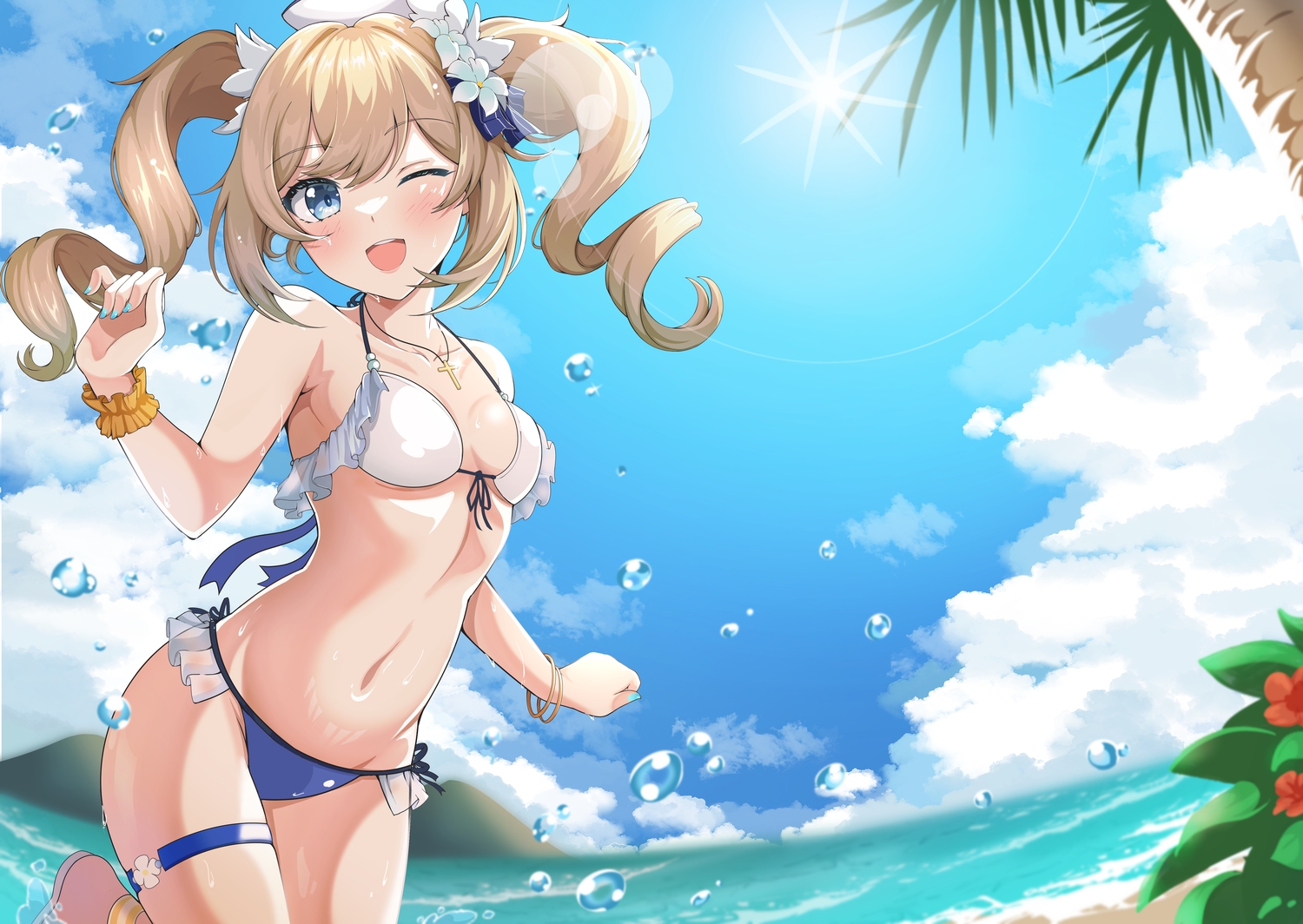 barbara_pegg, beach, bikini, blonde_hair, blue_eyes, clouds, flowers, garter, genshin_impact, long_hair, navel, saki8827, sky, swimsuit, tree, twintails, water, wink, wristwear