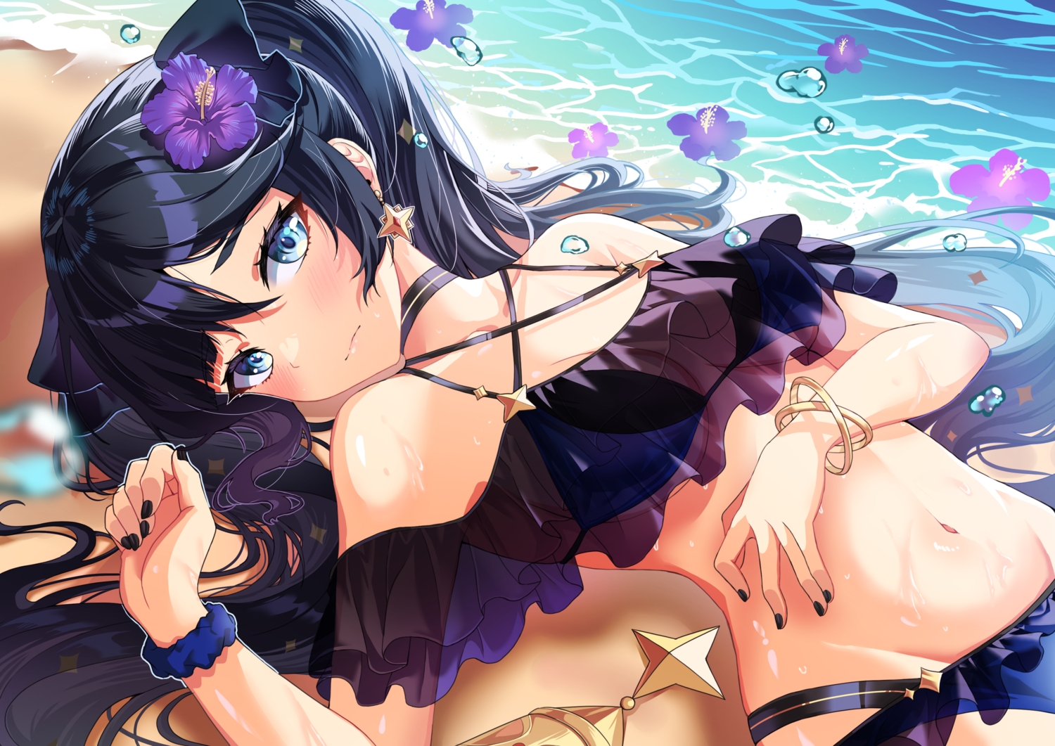 beach, bikini, black_hair, blue_eyes, close, genshin_impact, long_hair, mona_megistus, navel, see_through, swimsuit, twintails, water, yuito_(yuitokobunasbs0)