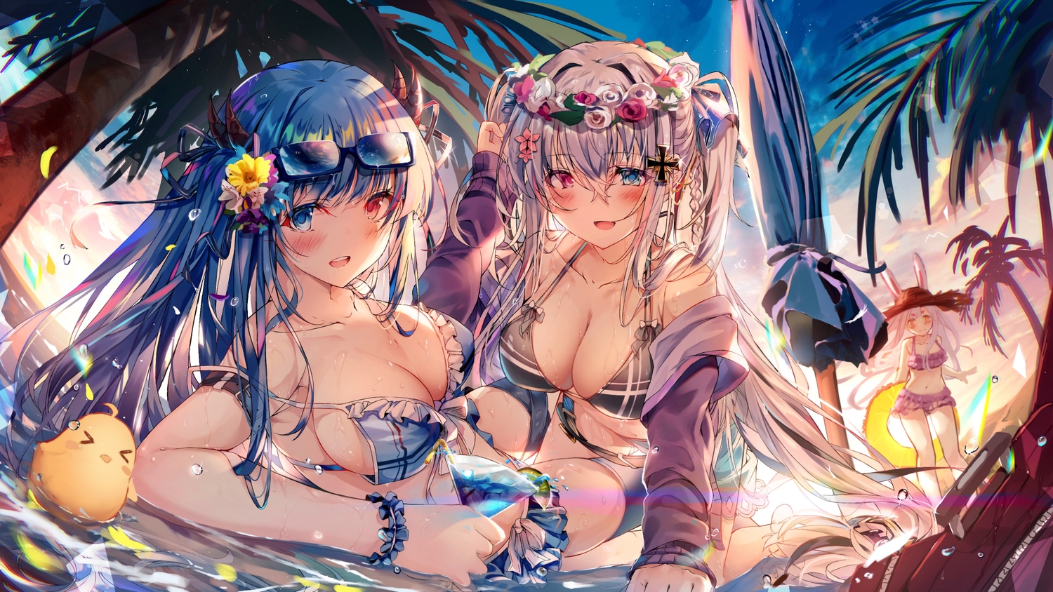 animal, animal_ears, anthropomorphism, azur_lane, bicolored_eyes, bikini, bird, blue_eyes, blue_hair, blush, bunny_ears, bunnygirl, clouds, elbing_(azur_lane), flowers, gray_hair, hat, heaven's_melody, ibuki_(azur_lane), long_hair, manjuu_(azur_lane), open_shirt, red_eyes, shimakaze_(azur_lane), sky, sunglasses, sunset, swimsuit, tree, umbrella, water