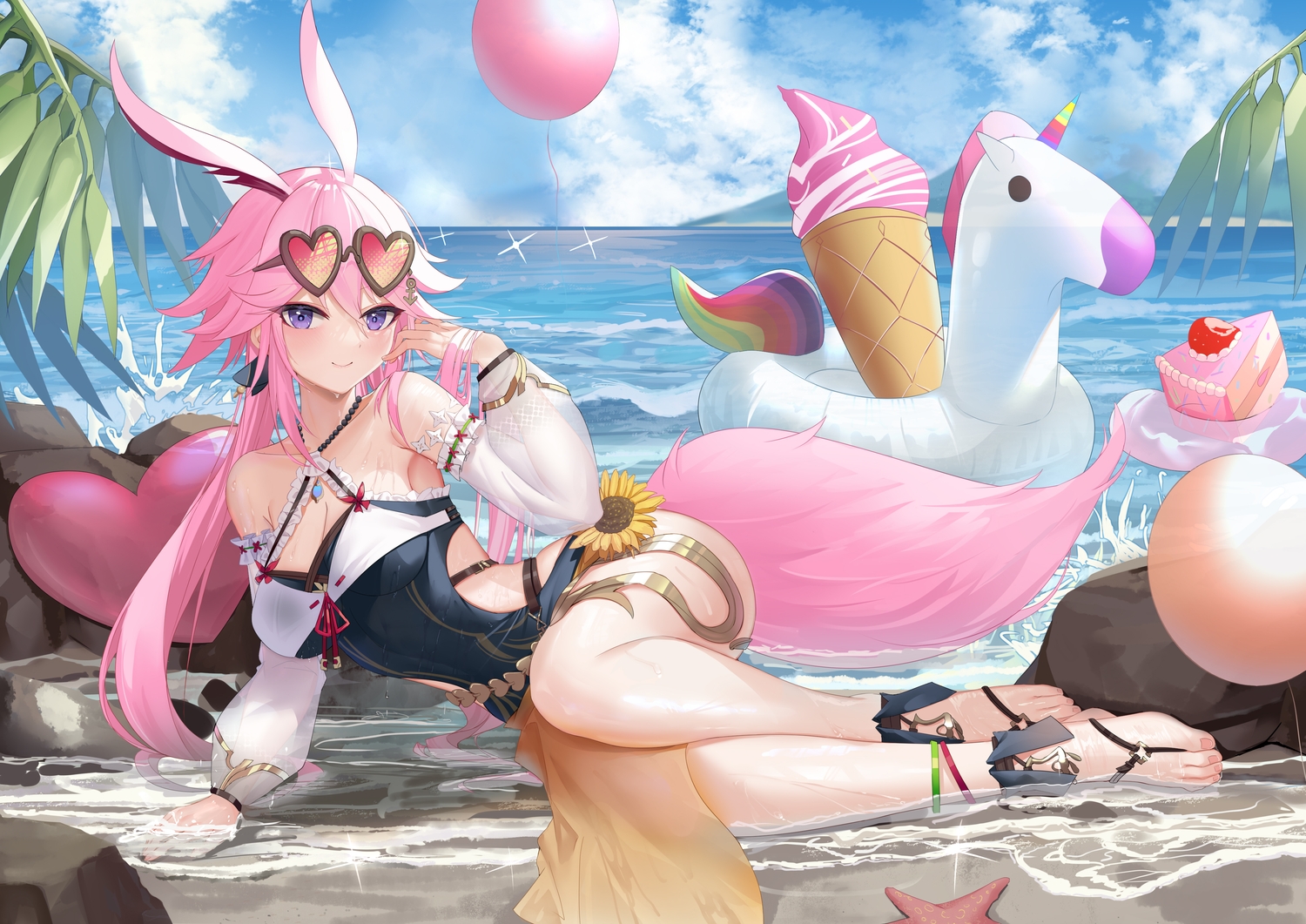 animal_ears, beach, blush, breasts, bunny_ears, bunnygirl, cake, cleavage