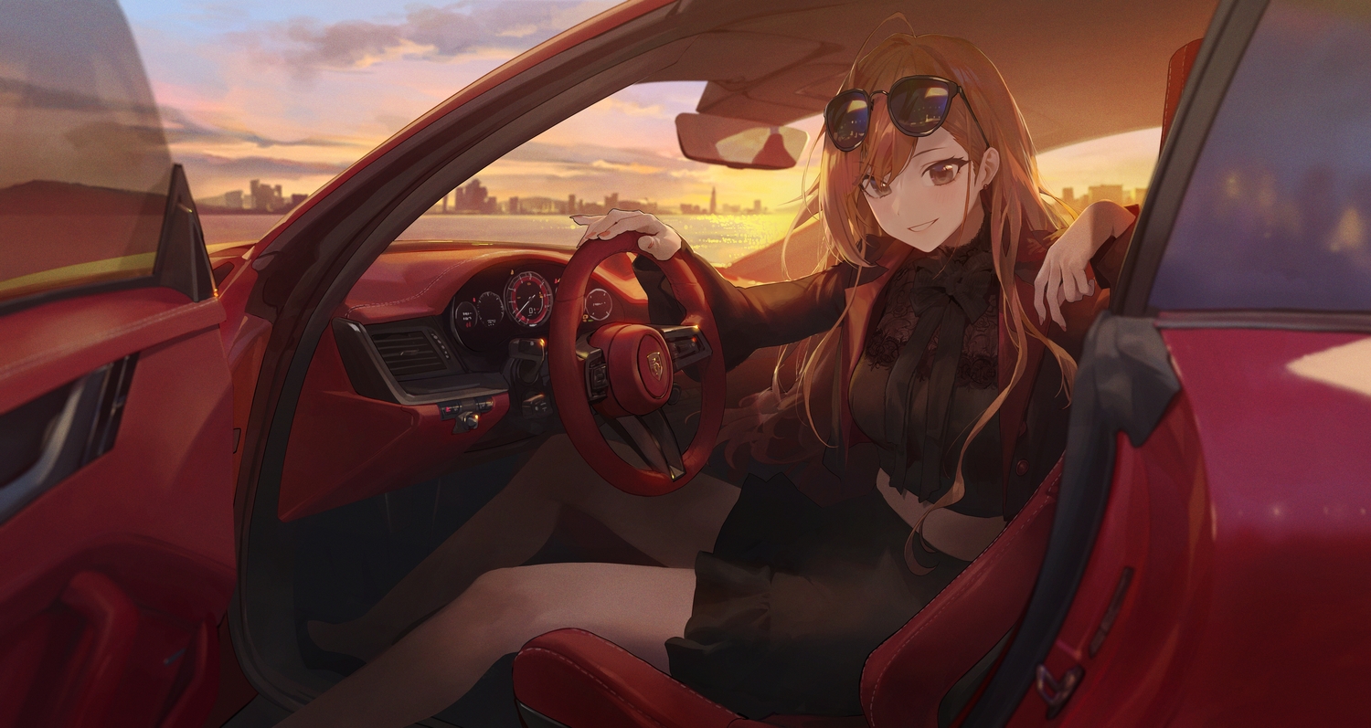 arisugawa_natsuha, brown_eyes, car, idolmaster, idolmaster_shiny_colors, long_hair, modare, orange_hair