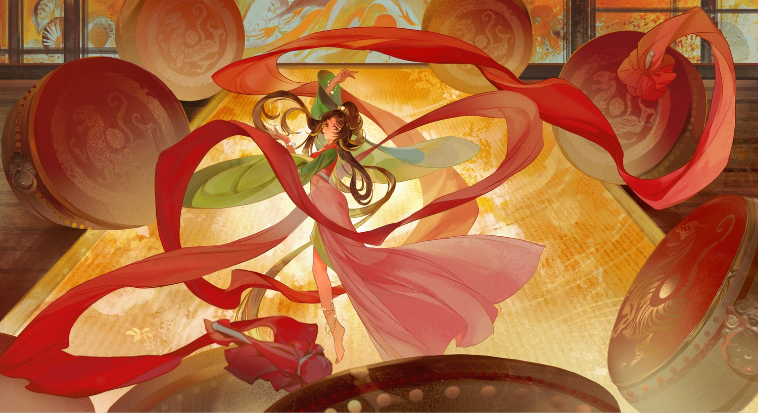 barefoot, brown_eyes, brown_hair, chinese_clothes, dress, drums, instrument, long_hair, ribbons, wang_chuan_feng_hua_lu, zhenzhan79811