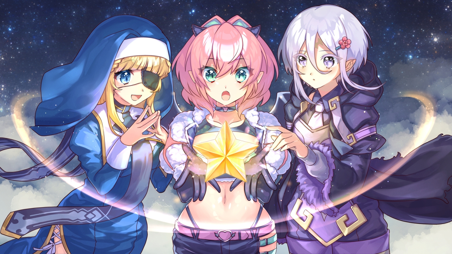 blonde_hair, blue_eyes, choker, demon, elbow_gloves, eyepatch, gloves, green_eyes