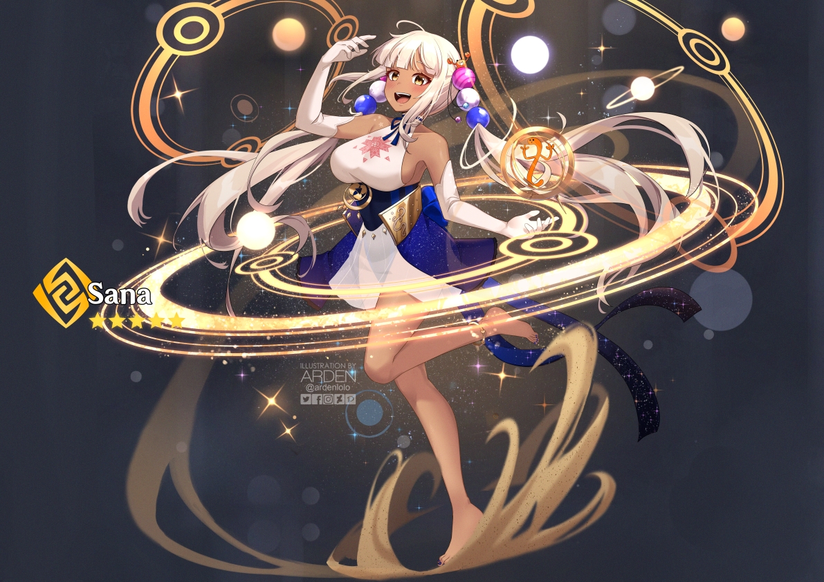 ardenlolo, barefoot, breasts, dark_skin, dress, elbow_gloves, gloves, hololive