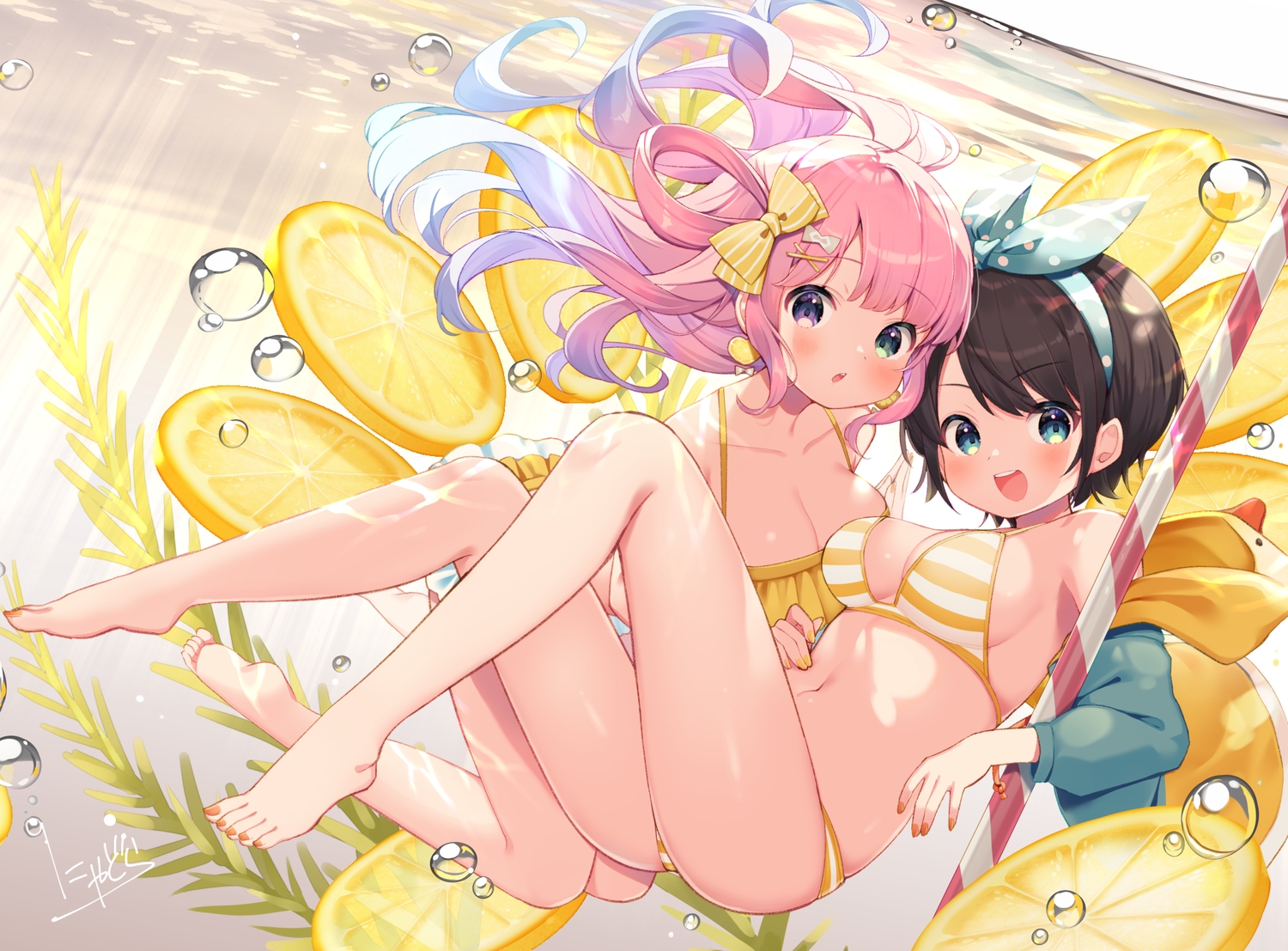 2girls, bicolored_eyes, bikini, food, fruit, headband, himemori_luna, hololive, long_hair, nyasunyadoora, oozora_subaru, short_hair, signed, swimsuit, underwater, water
