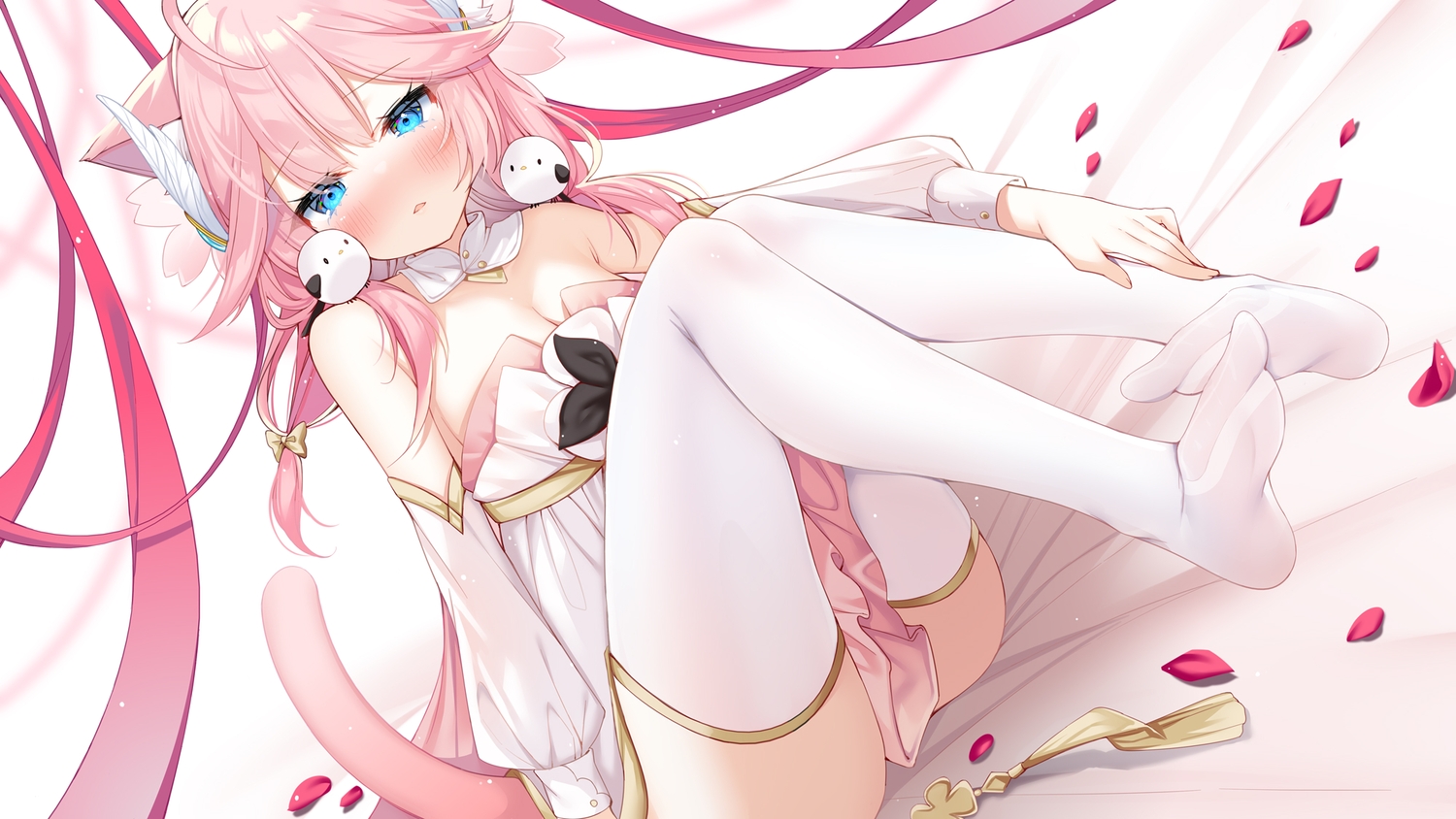 animal, animal_ears, aqua_eyes, bird, blush, breasts, catgirl, cleavage