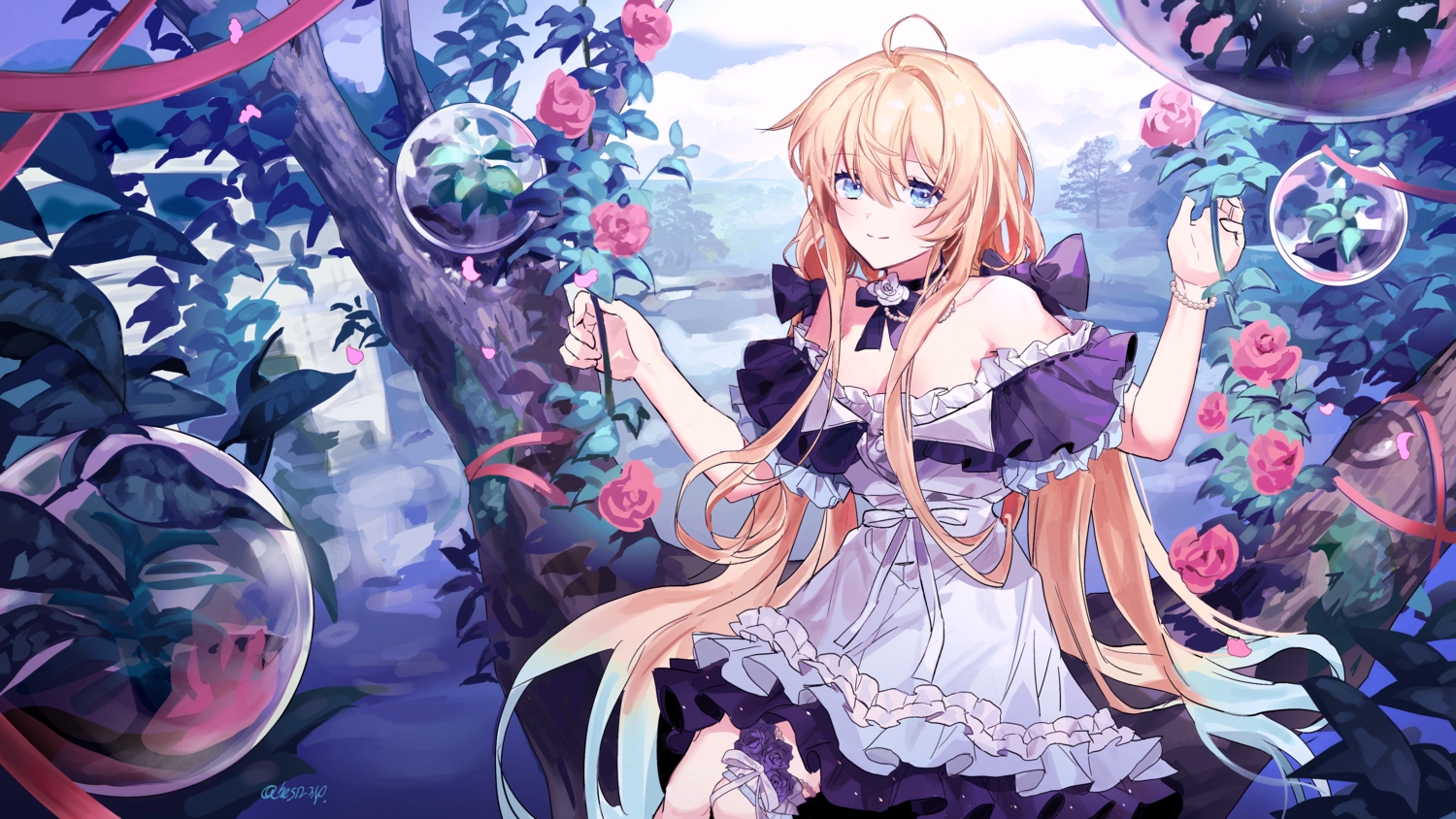 blonde_hair, clouds, dress, flowers, long_hair, signed, sketch, sky, tree, twice12314