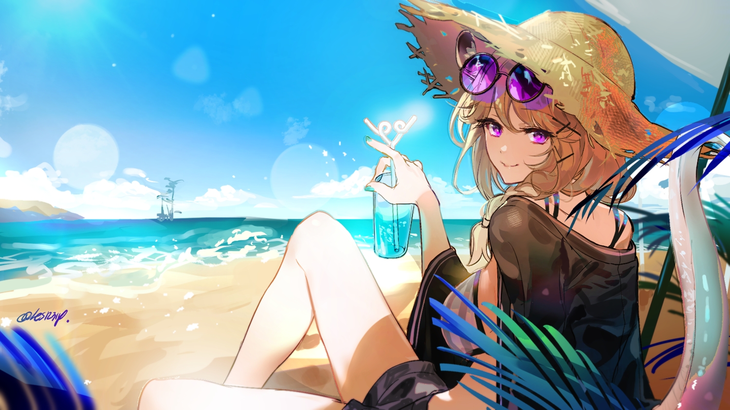 arknights, beach, bikini_top, clouds, drink, signed, sketch, sky, tail, twice12314, utage_(arknights), water