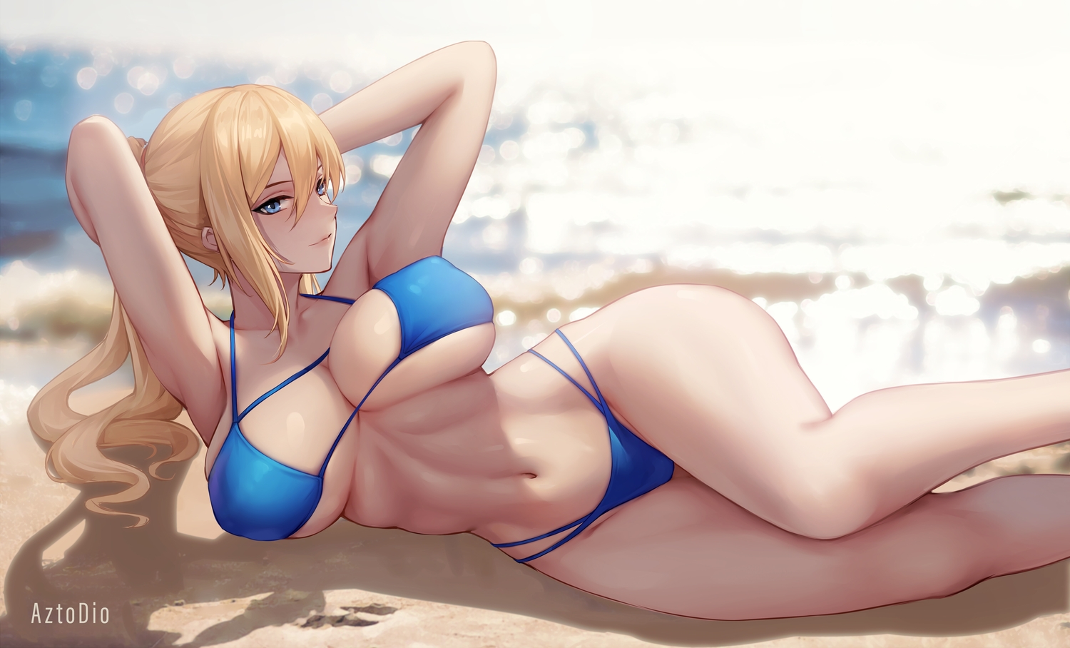 azto_dio, beach, bikini, blonde_hair, blue_eyes, erect_nipples, genshin_impact, jean_gunnhildr, long_hair, navel, ponytail, swimsuit, water, watermark