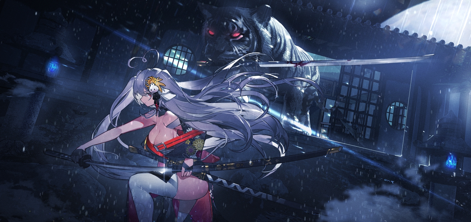 animal, breasts, building, cleavage, gloves, gray_hair, japanese_clothes, katana