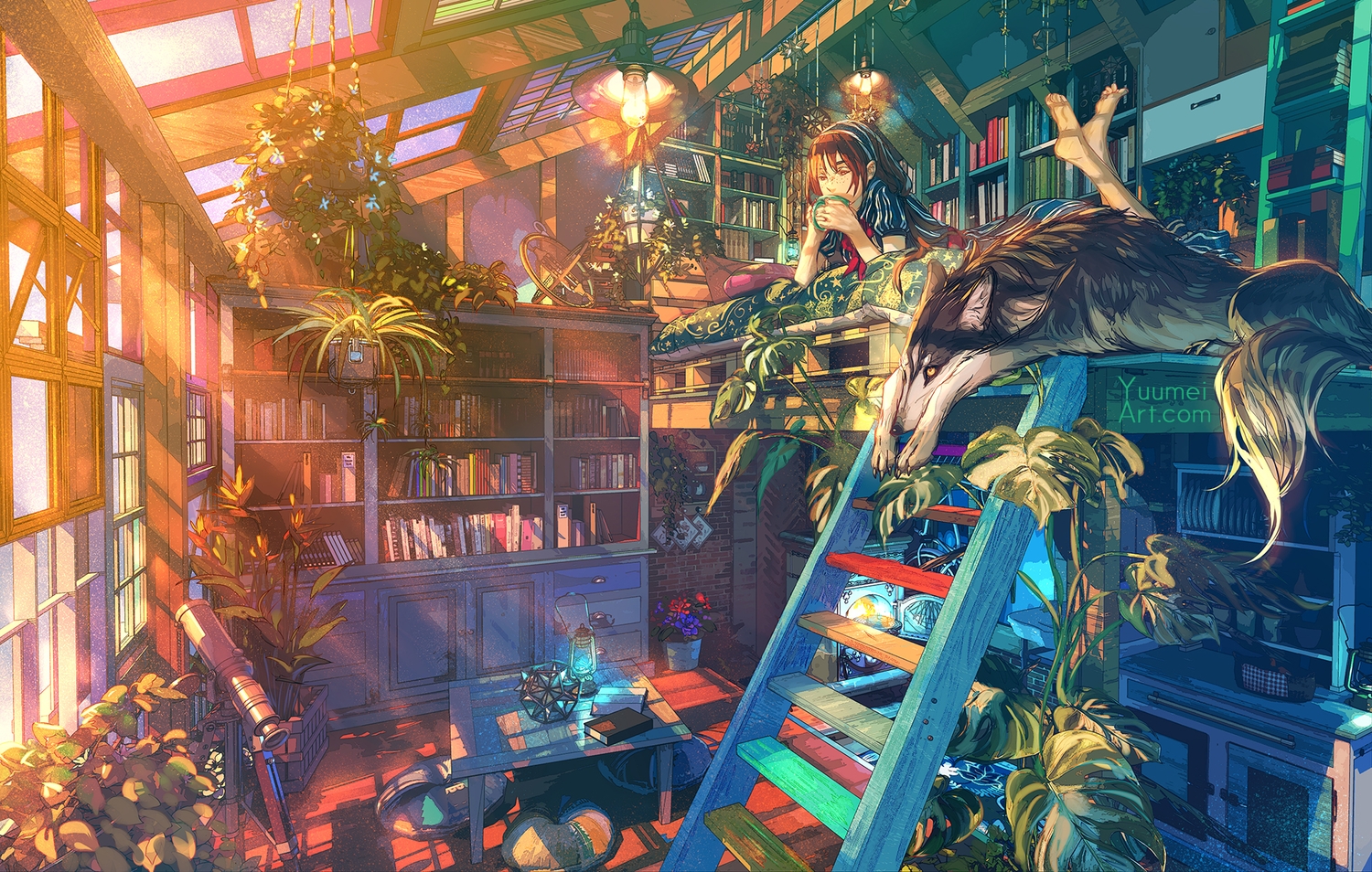 animal, barefoot, drink, original, scenic, stairs, watermark, wenqing_yan_(yuumei_art), wolf