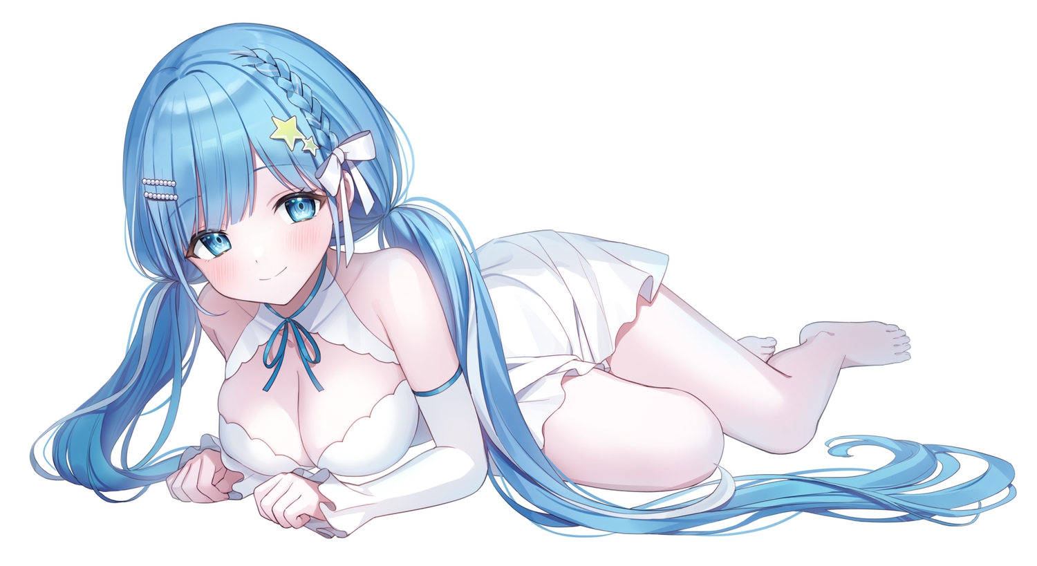 blue_eyes, blue_hair, blush, braids, breasts, cleavage, dress, long_hair
