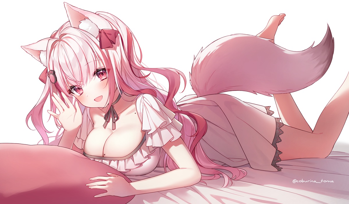 animal_ears, bed, choker, dress, foxgirl, long_hair, ookami_kuon, pink_eyes