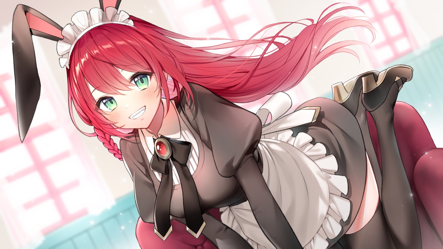 animal_ears, apron, blush, bow, braids, bunny_ears, bunnygirl, green_eyes, headdress, hino_akane_(vtuber), indie_virtual_youtuber, long_hair, maid, red_hair, ribbons, thighhighs, toma_(norishio), waifu2x