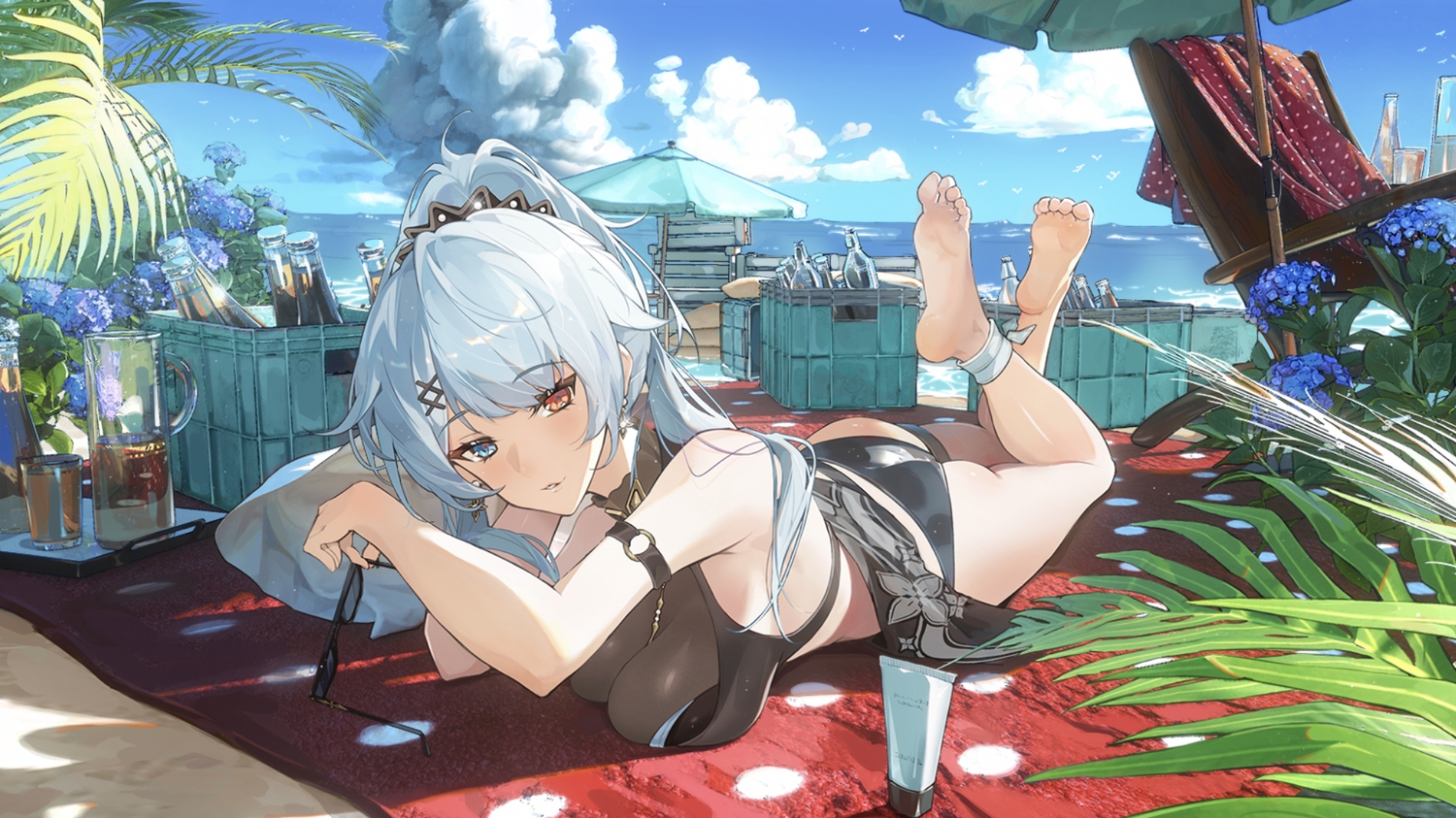 aether_gazer, ass, barefoot, bicolored_eyes, bikini, blue_eyes, caaaaarrot, clouds