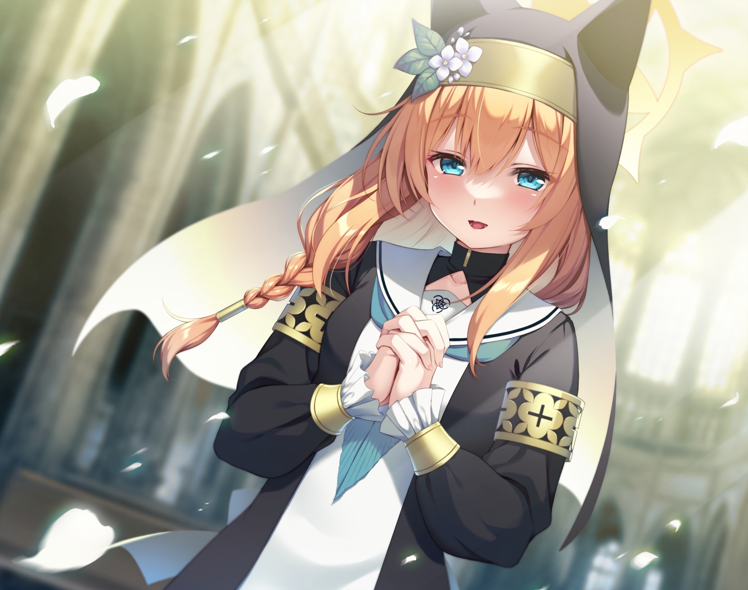 animal_ears, aqua_eyes, blue_archive, braids, catgirl, headdress, iochi_mari, long_hair