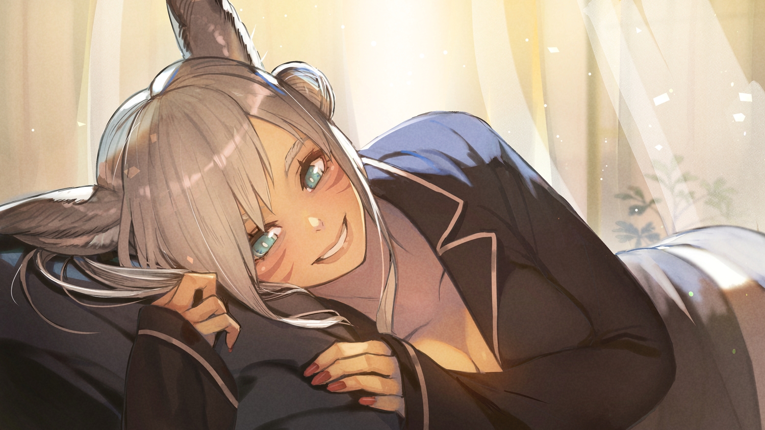 animal_ears, bed, blue_eyes, breasts, catgirl, cleavage, close, final_fantasy
