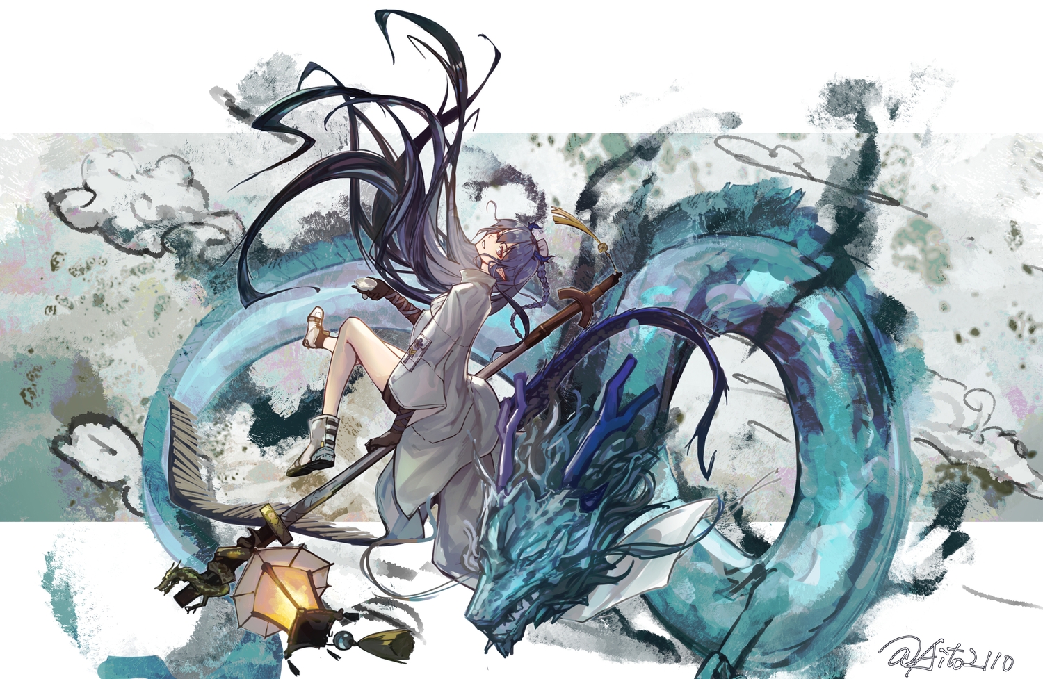 aito, arknights, blue_eyes, dragon, ling_(arknights), long_hair, open_shirt, pointed_ears, signed, tail