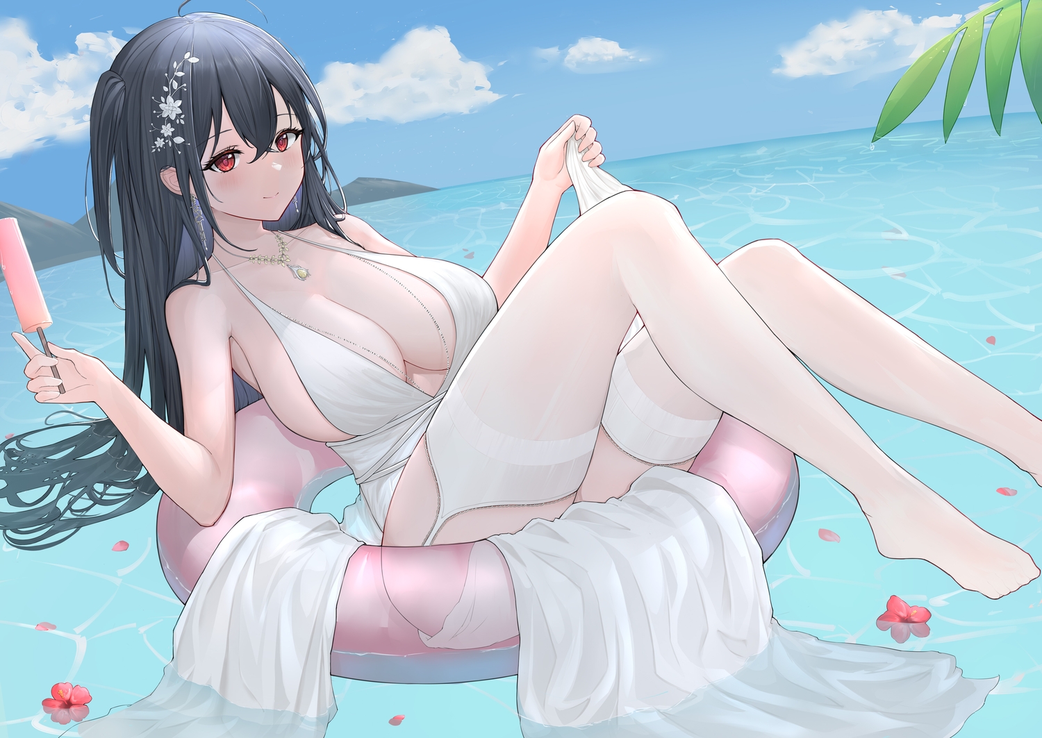 anthropomorphism, azur_lane, black_hair, breasts, cleavage, clouds, dress, food, garter_belt, ice_cream, long_hair, necklace, no_bra, ponytail, popsicle, red_eyes, sideboob, sky, swim_ring, taihou_(azur_lane), uka_(315302627), water