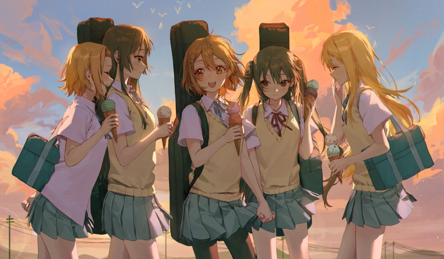 akiyama_mio, clouds, food, group, hirasawa_yui, ice_cream, instrument, k-on!