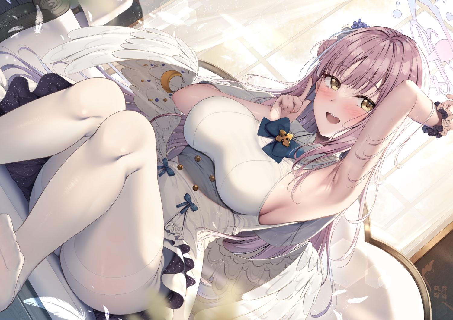 blue_archive, blush, breasts, brown_hair, couch, dress, feathers, halo, long_hair, misono_mika, pantyhose, sideboob, tomoo_(tomo), wings, wristwear, yellow_eyes