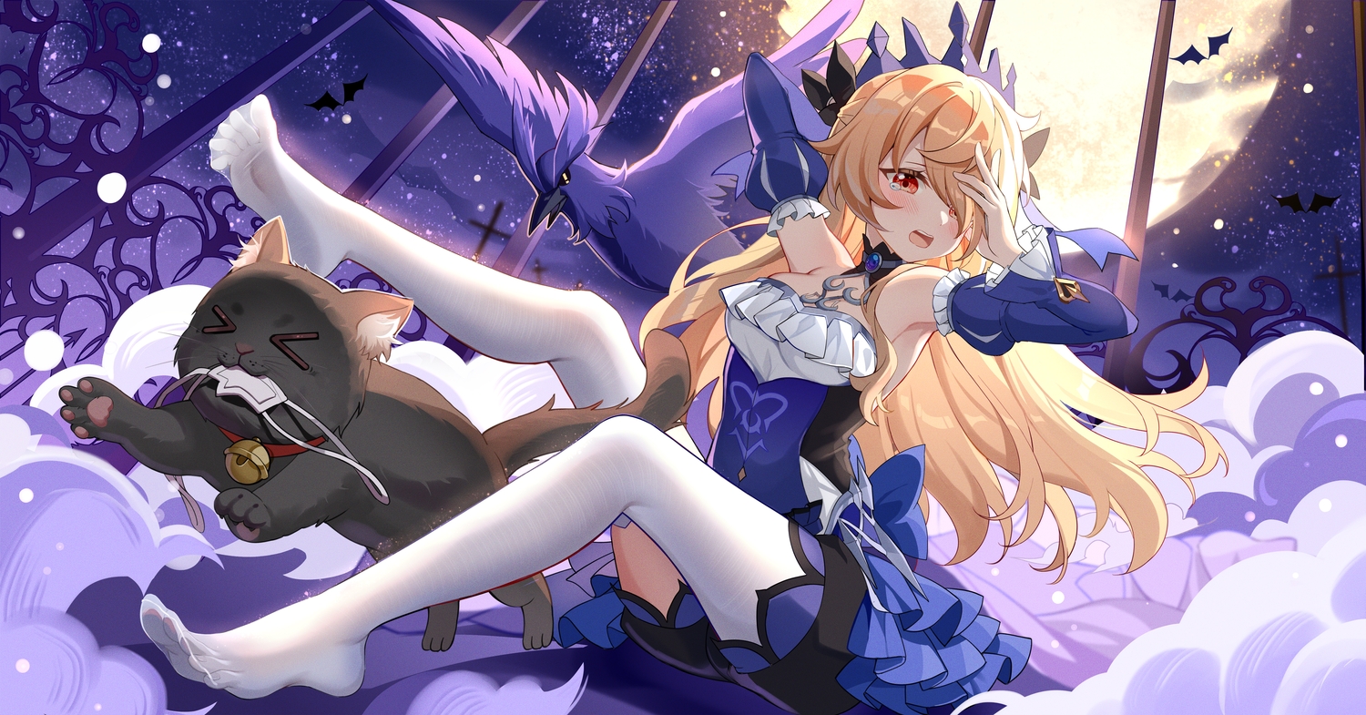 animal, bat, bird, blonde_hair, cat, eyepatch, fischl_(genshin_impact), genshin_impact