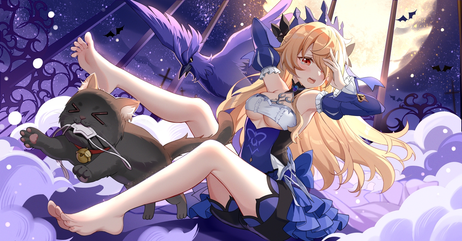 animal, bat, bird, blonde_hair, breasts, cat, eyepatch, fischl_(genshin_impact)