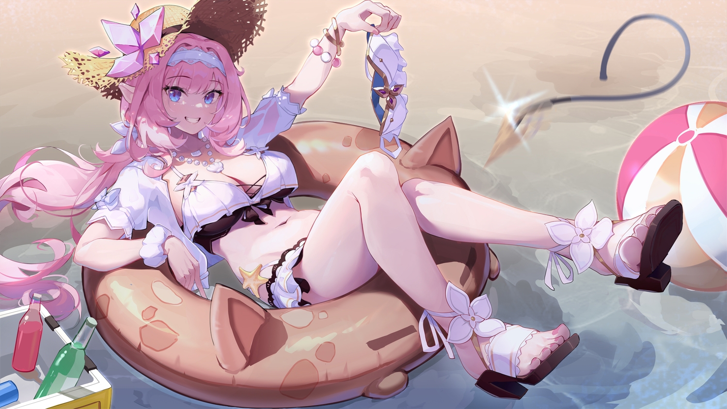 asc11, ball, bikini, breasts, cleavage, drink, elysia_(honkai_impact), hat