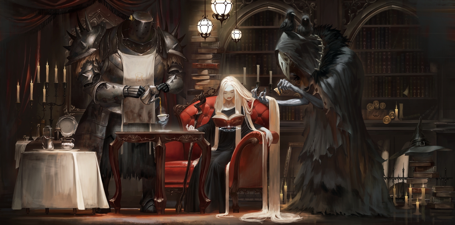 animal, apron, armor, bird, blonde_hair, book, dress, drink, hat, long_hair, magic, original, tmt, witch, witch_hat