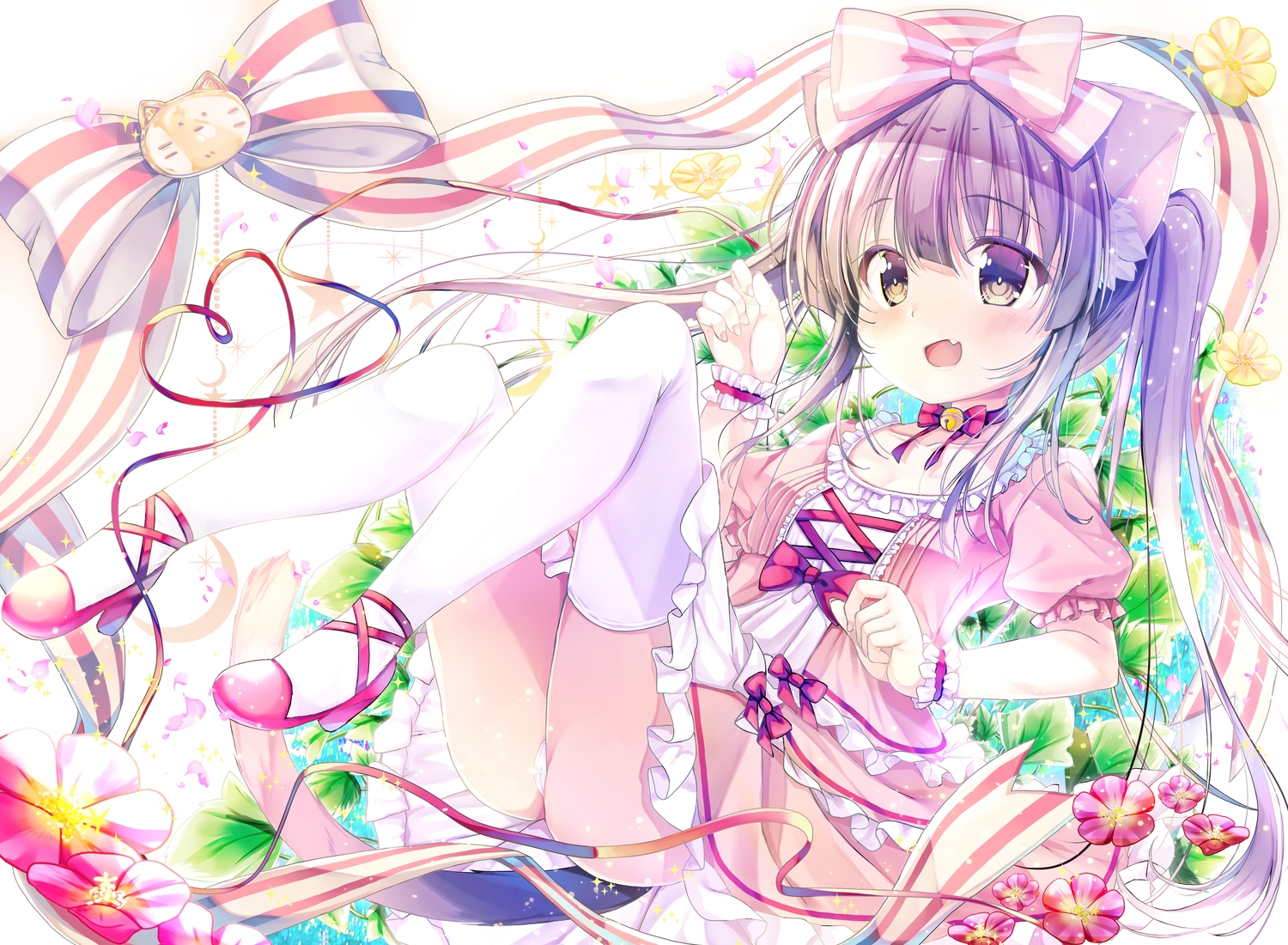 animal_ears, bow, brown_eyes, brown_hair, catgirl, fang, flowers, lolita_fashion