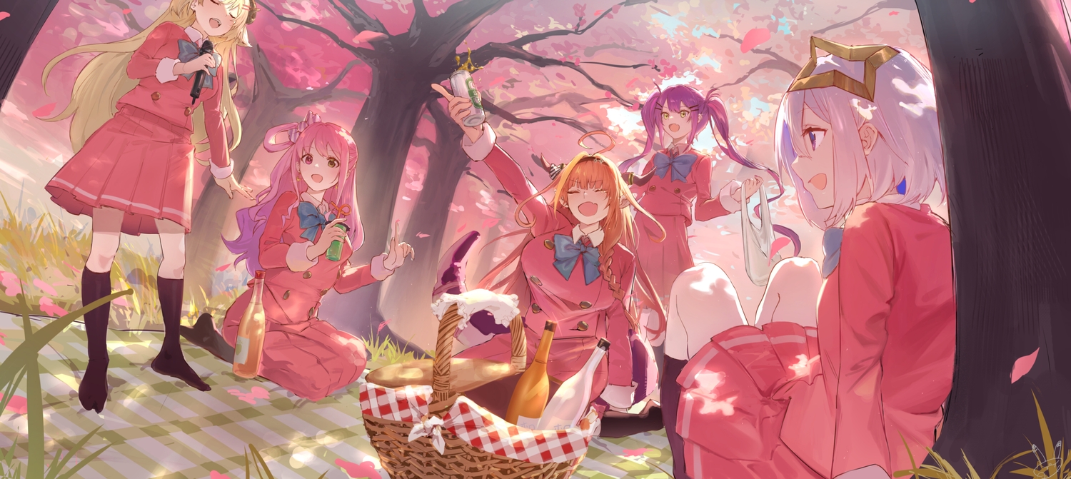 amane_kanata, brown_hair, drink, group, himemori_luna, hololive, horns, kiryuu_coco