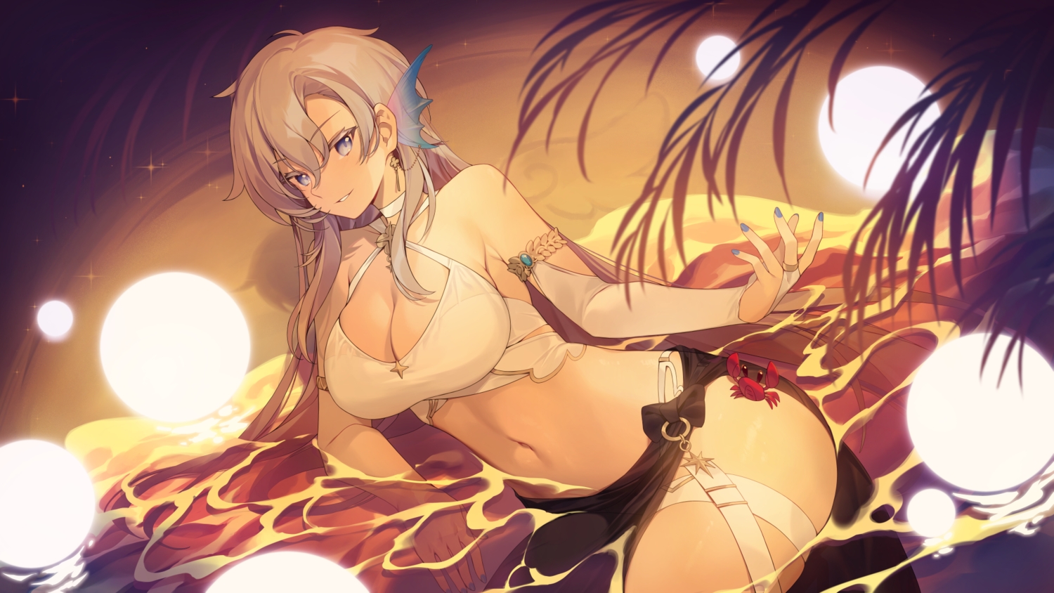 animal, beach, breasts, cleavage, crab, elbow_gloves, gloves, gray_hair, liora_walkyria, long_hair, navel, sankyaku_tako, skirt, v&u_entertainment, water